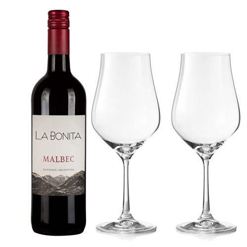 La Bonita Malbec 75cl Red Wine And Crystal Classic Collection Wine Glasses